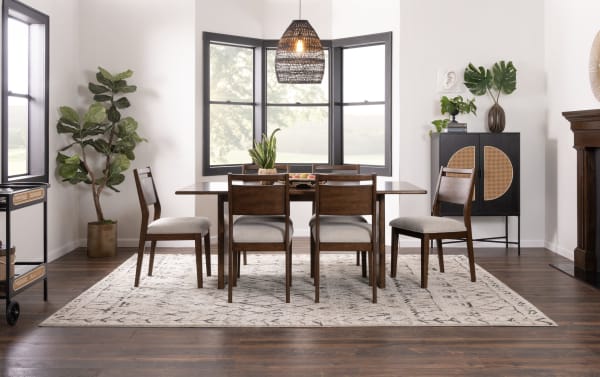 Contemporary Mango 7 Piece Dining Set with 72" solid mango wood table, 4 beige Bob-O-Pedic panel back chairs, 2 upholstered polyester fabric seats.