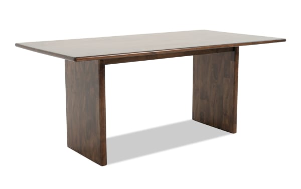 Contemporary Mango 72" solid mango wood dining table in brown with clean lines, part of Mango Dining 7-piece beige upholstered set.