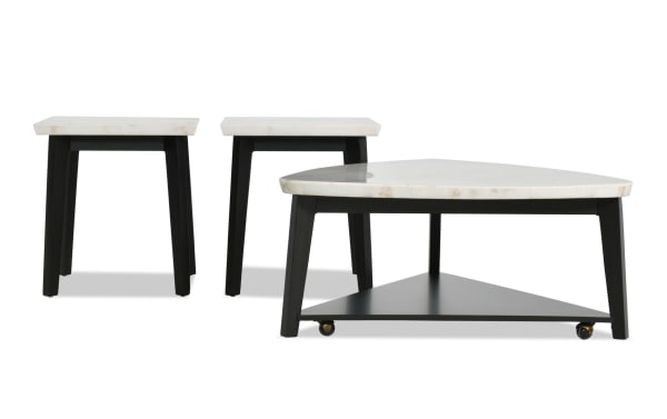 Elm Espresso & Marble Triangle Coffee & 2 End Table Set from Elm Occasional collection, featuring sleek white marble tops and espresso MDF frames in a transitional style.