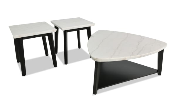 Elm Espresso & Marble Triangle Coffee & 2 End Table Set with white marble tops, espresso MDF frames, and transitional style from Elm Occasional collection.
