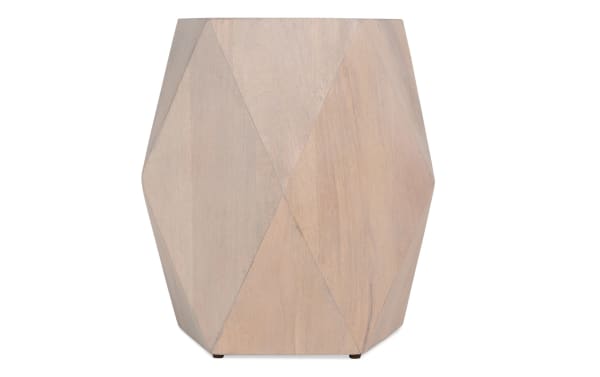 Contemporary Prism White Side Table made of mango wood with geometric faceted design, hollow interior, and water-resistant finish for versatile use.