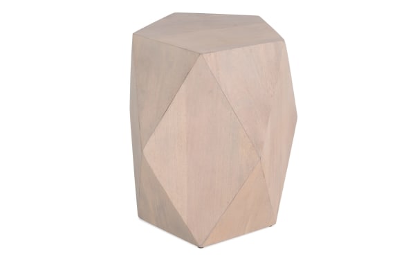 Contemporary Prism White Side Table made of mango wood with a geometric faceted design and water-resistant finish for easy beverage placement.