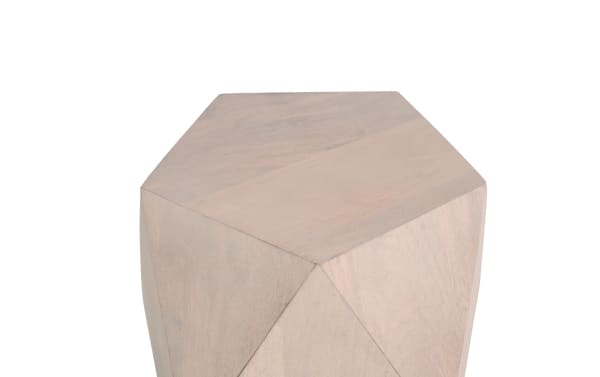 Contemporary Prism White Side Table made of mango wood with a geometric, hollow design and water-resistant finish for easy mobility and durability.