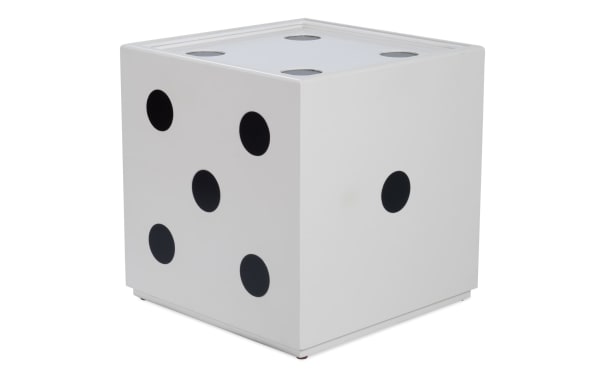 Contemporary 19-inch white MDF Dice Cube storage accent table with reversible lift-top tray, inset black dots, and built-in cupholders for game rooms.