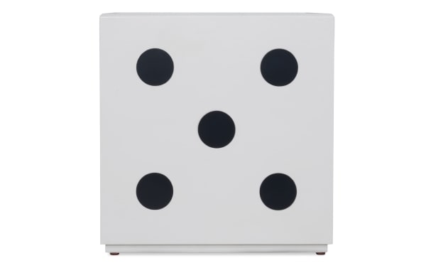 Contemporary Dice Cube 19'' white MDF storage accent table with black inset dice dots and reversible lift-top tray for game room organization.