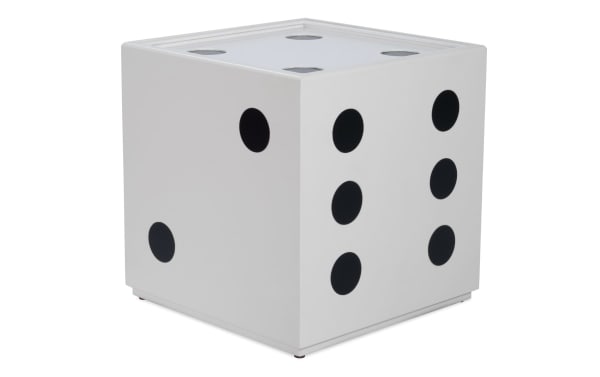 Contemporary 19-inch white MDF Dice Cube storage accent table with black inset dots, reversible lift-top tray, and built-in cupholder for game rooms.