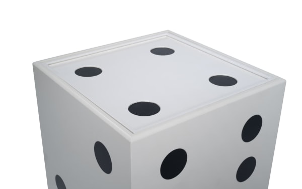 Contemporary 19'' white MDF Dice Cube storage accent table with reversible lift-top tray, black inset dots, and built-in cupholder for game rooms.