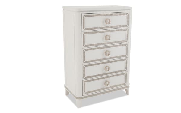 Glitz White 5 Drawer Chest in glam style with poplar solids, chrome hardware, mirrored crystal trim, and LED-lit drawers from Glitz Bedroom collection.