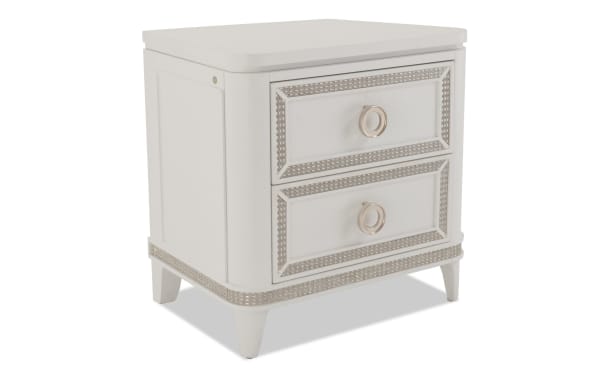 Glitz White 2 Drawer Nightstand in glam style with poplar solids, chrome hardware, mirrored crystal trim, and LED lighting from Glitz Bedroom collection.