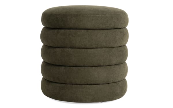 Contemporary Blair Green Storage Ottoman in green fabric upholstery, featuring plush stacked cushion design with hidden tray under lid for storage and serving.