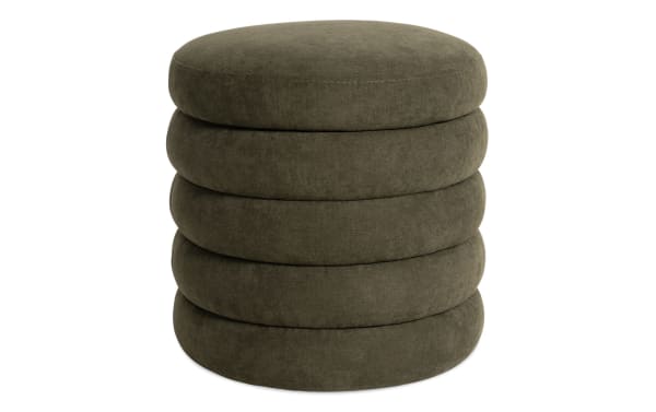 Blair Green Storage Ottoman in contemporary style with plush green polyester fabric, featuring a round, stacked cushioned design for seating and storage.