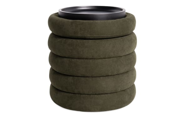 Contemporary Blair Green Storage Ottoman in plush green polyester fabric with stacked ring design, multifunctional as footrest and storage with flip-top tray.