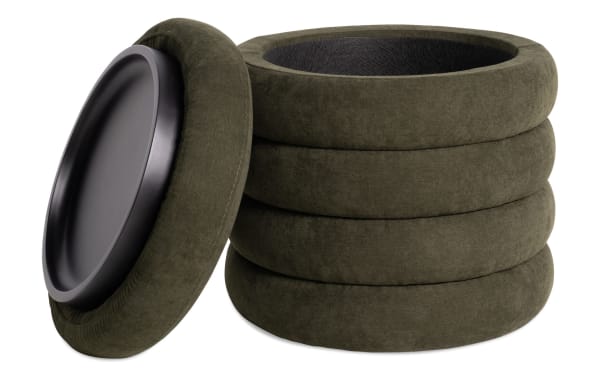 Contemporary Blair Green Storage Ottoman in green polyester fabric with removable lid revealing a built-in black tray for storage and serving.