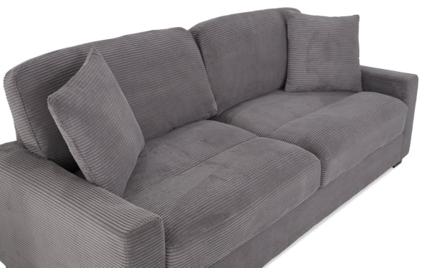Aspen Charcoal 86'' transitional sofa with plush gray polyester fabric upholstery, memory foam cushions, and included accent pillows.