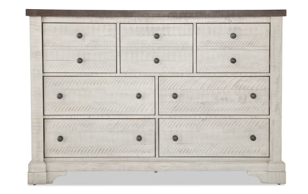 Beaumont White & Gray 7 Drawer Dresser in traditional style with pine solids, veneer, MDF, featuring seven spacious drawers with black knobs, ball bearing guides, and a distressed white-gray finish.