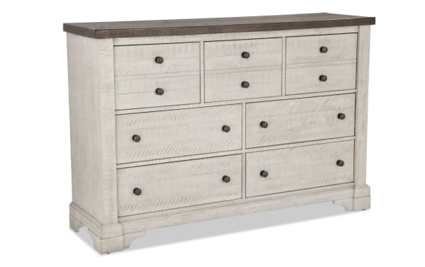 Beaumont White & Gray 7 Drawer Dresser in traditional style with pine solids, veneer, MDF, featuring seven spacious drawers, black knobs, and a two-tone finish.