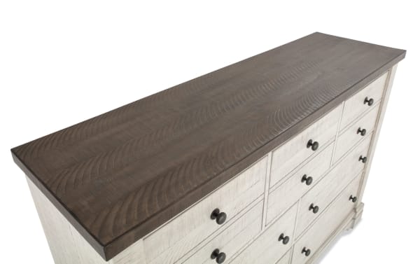 Beaumont White & Gray 7 Drawer Dresser with traditional style, pine solids and veneer, MDF construction, dark wood top, white-gray body, black knobs, spacious drawers with dovetail fronts.