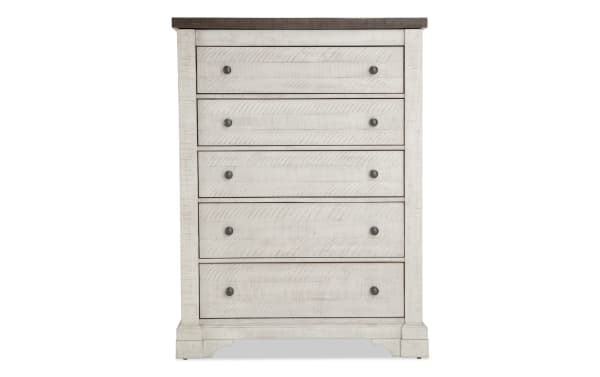 Beaumont White & Gray 5 Drawer Lift-Top Chest in traditional style, made of pine solids, veneer, and MDF, featuring five spacious drawers with metal knobs and a dark wood top.