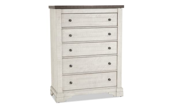 Traditional Beaumont White & Gray 5 Drawer Lift-Top Chest in pine solids and veneer, featuring ball bearing guides and dovetail fronts for bedroom storage.