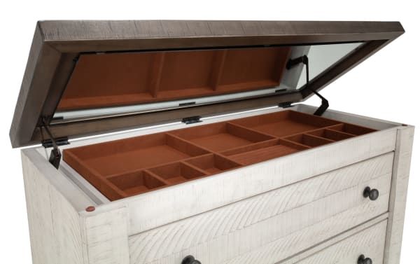 Beaumont White & Gray 5 Drawer Lift-Top Chest with pine solids, pine veneer, MDF; traditional style with felt-lined lift-top jewelry tray and spacious storage compartments.