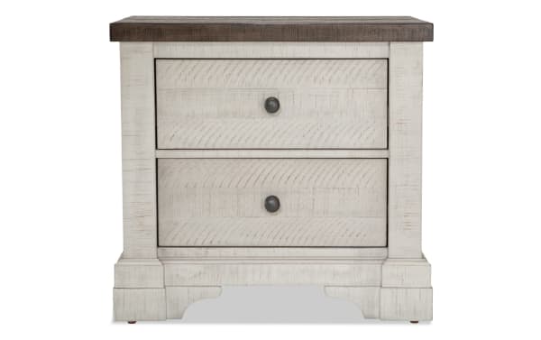 Beaumont White & Gray 2 Drawer Nightstand in traditional style, made of pine solids, veneer, and MDF with gray knobs, distressed white finish, and dark wood top.