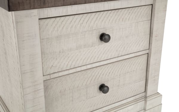 Beaumont White & Gray 2 Drawer Nightstand in traditional style, made of pine solids, veneer, and MDF with textured black knobs and distressed finish.