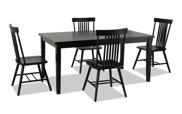 Dallas 5 Piece Black Dining Set with MDF rectangular table and four sleek Windsor chairs in transitional style from Dallas Dining collection.