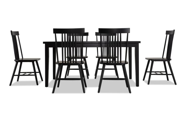 Dallas 7 Piece Black Dining Set from Dallas Dining collection features a sturdy black MDF table and six sleek Windsor-style chairs in a transitional design.
