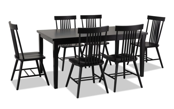 Dallas 7 Piece Black Dining Set from Dallas Dining collection, featuring a sturdy MDF table and six sleek black Windsor chairs in transitional style.