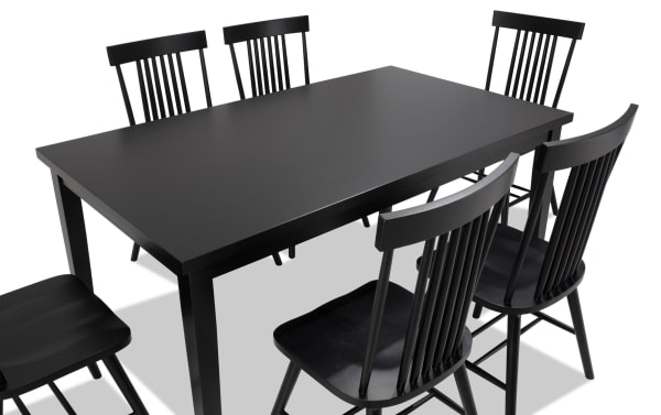 Dallas 7 Piece Black Dining Set from Dallas Dining collection, featuring a sleek black MDF table and six Windsor-style chairs in a transitional design.