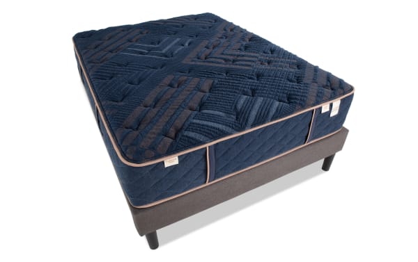 Copper Radiance 13'' King Dual Universal Mattress Set in navy blue with copper-infused quilted cover, gel-infused layers, and memory foam foundation.