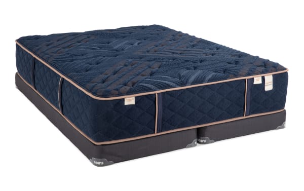 Copper Radiance 13'' King Dual Split Low Profile Mattress Set in navy blue with quilted copper-infused cover, gel layers, and memory foam foundation by Bob's.