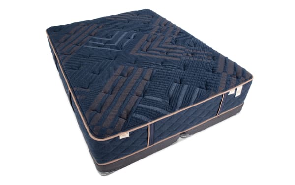 Copper Radiance 13'' King Dual Split Low Profile Mattress Set in navy blue with copper-infused quilted cover, gel-infused layers, and memory foam foundation.