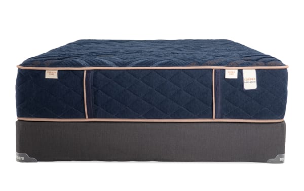 Copper Radiance 13'' Queen Dual Standard Mattress Set by Bob-O-Pedic, navy blue quilted copper-infused cover, gel-infused layers, memory foam, gray foundation, cushion and extra firm options.