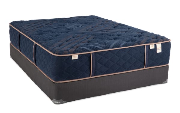Copper Radiance 13'' Queen Dual Standard Mattress Set by Bob’s, navy blue quilted copper-infused cover, gel-infused layers, memory foam, and dark gray foundation