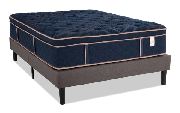 Copper Radiance 14.5'' Queen Plush Universal Mattress Set with navy blue copper-infused quilted cover, gel layers, wrapped coils, and gray universal foundation.