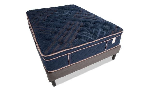 Copper Radiance 14.5" Queen Plush Universal Mattress Set with navy blue copper-infused quilted cover, plush hybrid design, and gray universal foundation.