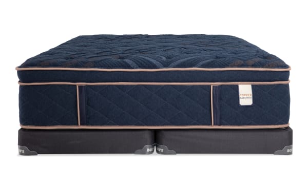 Copper Radiance 14.5'' Queen Plush Split Low Profile Mattress Set in navy blue with copper trim, quilted copper-infused cover, and plush hybrid design.