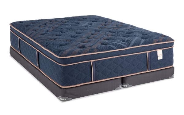 Copper Radiance 14.5" Queen Plush Split Low Profile Mattress Set in navy blue with quilted copper-infused cover, plush hybrid gel layers, and Bob-O-Pedic memory foam foundation.