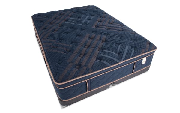 Copper Radiance 14.5'' Queen Plush Split Low Profile Mattress Set in navy blue with copper-infused quilted cover, gel layers, and hybrid coil design.