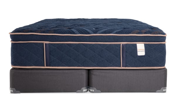 Copper Radiance 14.5'' King Plush Split Standard Mattress Set with navy blue copper-infused quilted cover, plush hybrid design, and dark gray Bob-O-Pedic foundation.