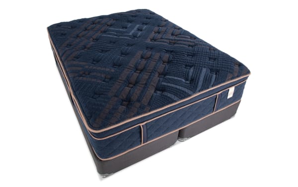 Copper Radiance 14.5'' King Plush Split Standard Mattress Set with navy blue copper-infused quilted cover, gel-infused layers, and plush hybrid design.
