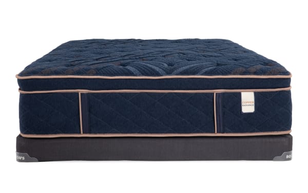 Copper Radiance 14.5" Full Plush Low Profile Mattress Set with navy blue quilted copper-infused cover, gel-infused layers, and dark gray low-profile foundation by Bob-O-Pedic.