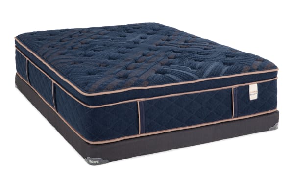 Copper Radiance 14.5'' Full Plush Low Profile Mattress Set in navy blue with quilted copper-infused cover, gel layers, wrapped coils, and memory foam foundation by Bob's.