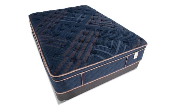 Copper Radiance 14.5'' Twin XL Plush Standard Mattress Set in navy blue with copper-infused quilted cover, gel-infused layers, and plush hybrid design.