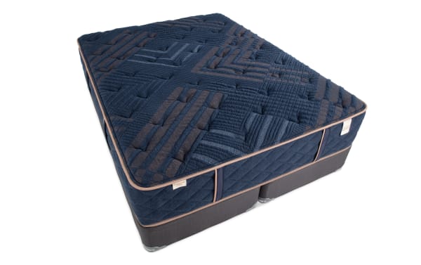 Copper Radiance 13'' King Firm Split Standard Mattress Set in navy blue with quilted copper-infused cover, gel layers, and memory foam foundation.