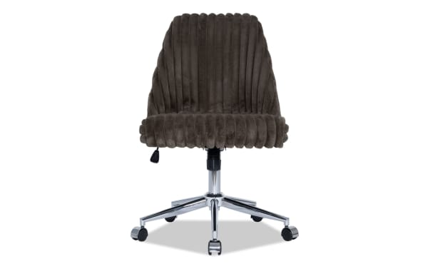 Sofia Upholstered Chocolate Transitional Office Chair with plush polyester fabric, Bob-O-Pedic memory foam seat, adjustable height, and 360° swivel on metal base with casters.