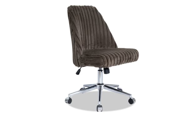 Transitional Sofia Upholstered Chocolate swivel office chair with plush polyester fabric, Bob-O-Pedic Memory Foam seat, metal base, adjustable height, and 360° rotation.
