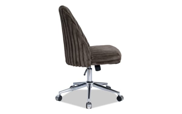 Sofia Upholstered Chocolate Transitional Office Chair with plush polyester fabric, Bob-O-Pedic memory foam seat, adjustable height, and 360° swivel on metal base with casters.