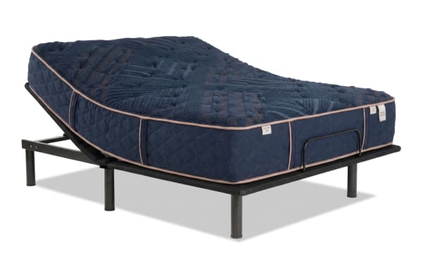 Queen-sized Power Bob Essential Base with Copper Radiance 13'' dual mattress in blue quilted cover, featuring copper-infused gel layers and adjustable memory foam base in a modern blue bedroom setting.